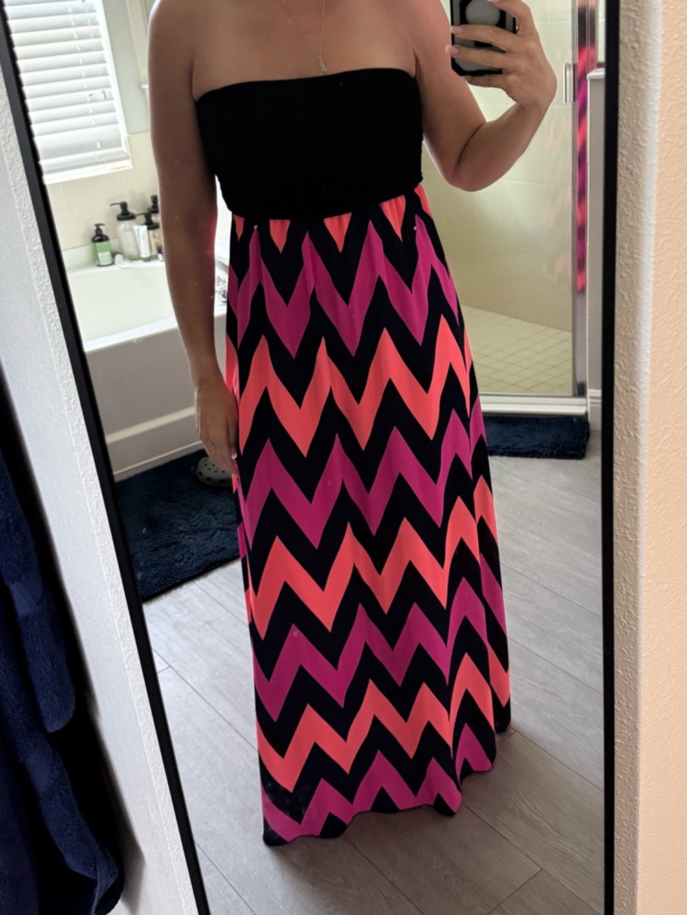 NYMPHE Black and Pink Chevron Strapless Maxi Dress